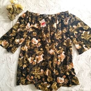 ✨️CL French Connection Olive Green Floral Banded Wide Collar Oversize Top Sz XS